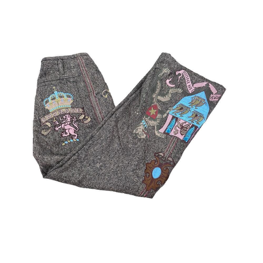 Courage Gray Embroidery Front Pockets Wide-Leg Tweed Wool Pants Size 30 Waist